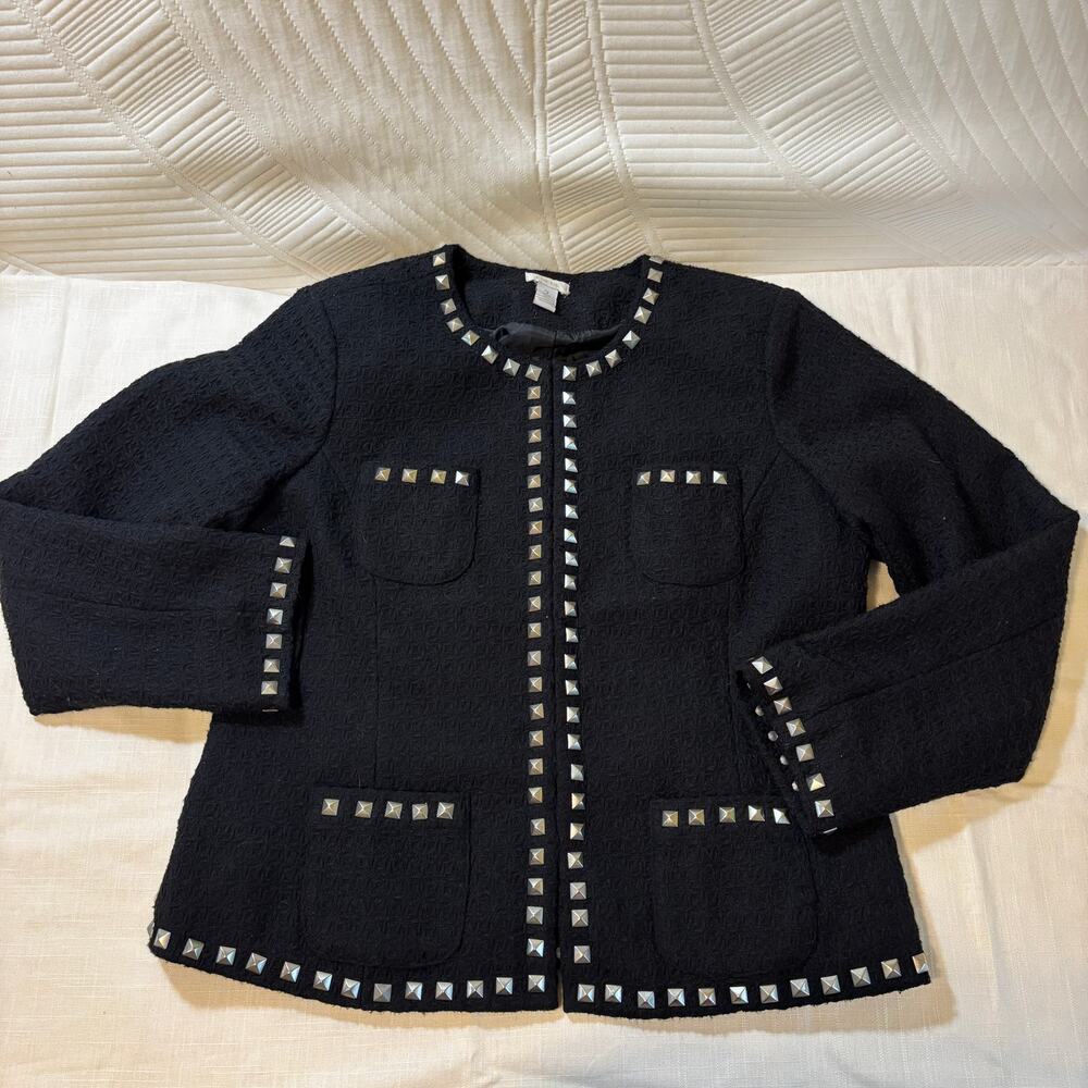 Chico's Size 2 Black Textured Jacket Silver Studded Collarless 12/14